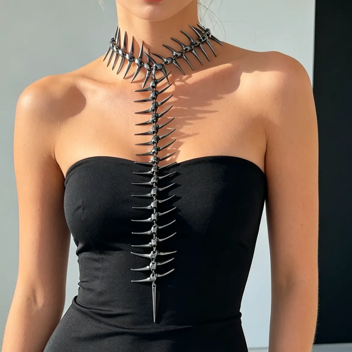 Punk Alloy Long Necklace with Spikes and Fishbone, Bold Street Punk Design, Unisex Casual Goth Jewelry, Men's Accessories, Punk Accessories