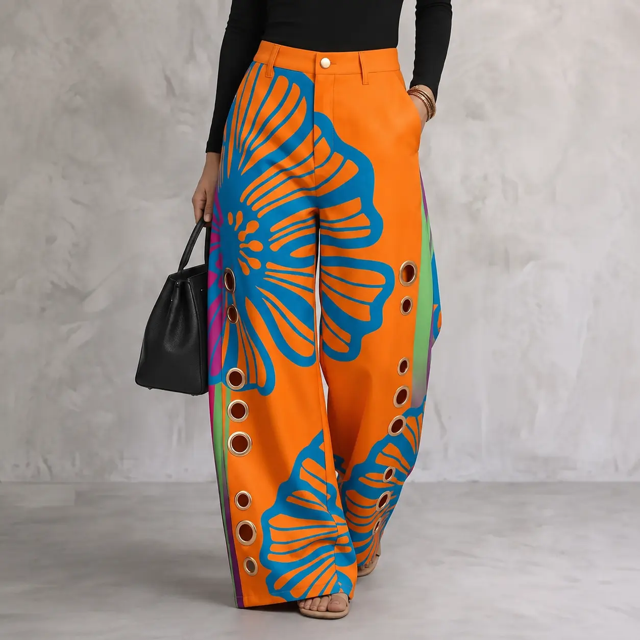 2026 Women’s New High-Waisted Loose Pants with Buttons, Geometric Cutout Pocket Design, Metal Eyelet Details — Spring/Summer Casual Everyday Bottoms, Perfect for Pairing with Tops or Tank Tops to Create Back-to-School Outfits, Women’s Long Pants
