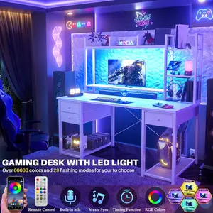 Desk with LED and Outlets, Gaming Desk with Hutch, Computer Desk with Drawers, Reversible office desk with storage bookshelf Large Workstation Desk with Shelf, Desk for Home