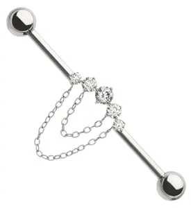 Arch Clear CZ Double Dangle Chain Internally Threaded Titanium Industrial Barbell