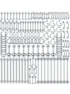 150pcs Body Piercing Jewelry Set, 14g 16g 20g Stainless Steel, Nose Hoop Septum Ring Lip Tongue Cartilage Tragus Eyebrow Ring, Punk Style
