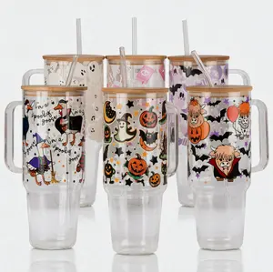 2025 32oz OR 40oz Halloween Tumbler Leakproof Plastic and Glass Straws Cup Reusable Drinkware Spooky Season Iced Coffee Gift Halloweentok Dishwasher Safe Bottle Printed