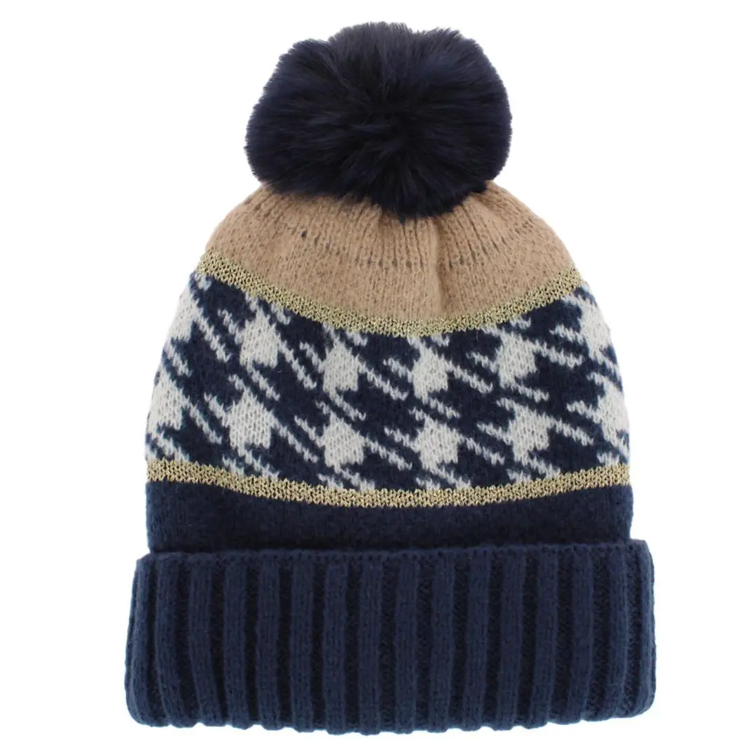 CTM Women's Knit Houndstooth Pattern Winter Beanie Hat with Pom, Beanies