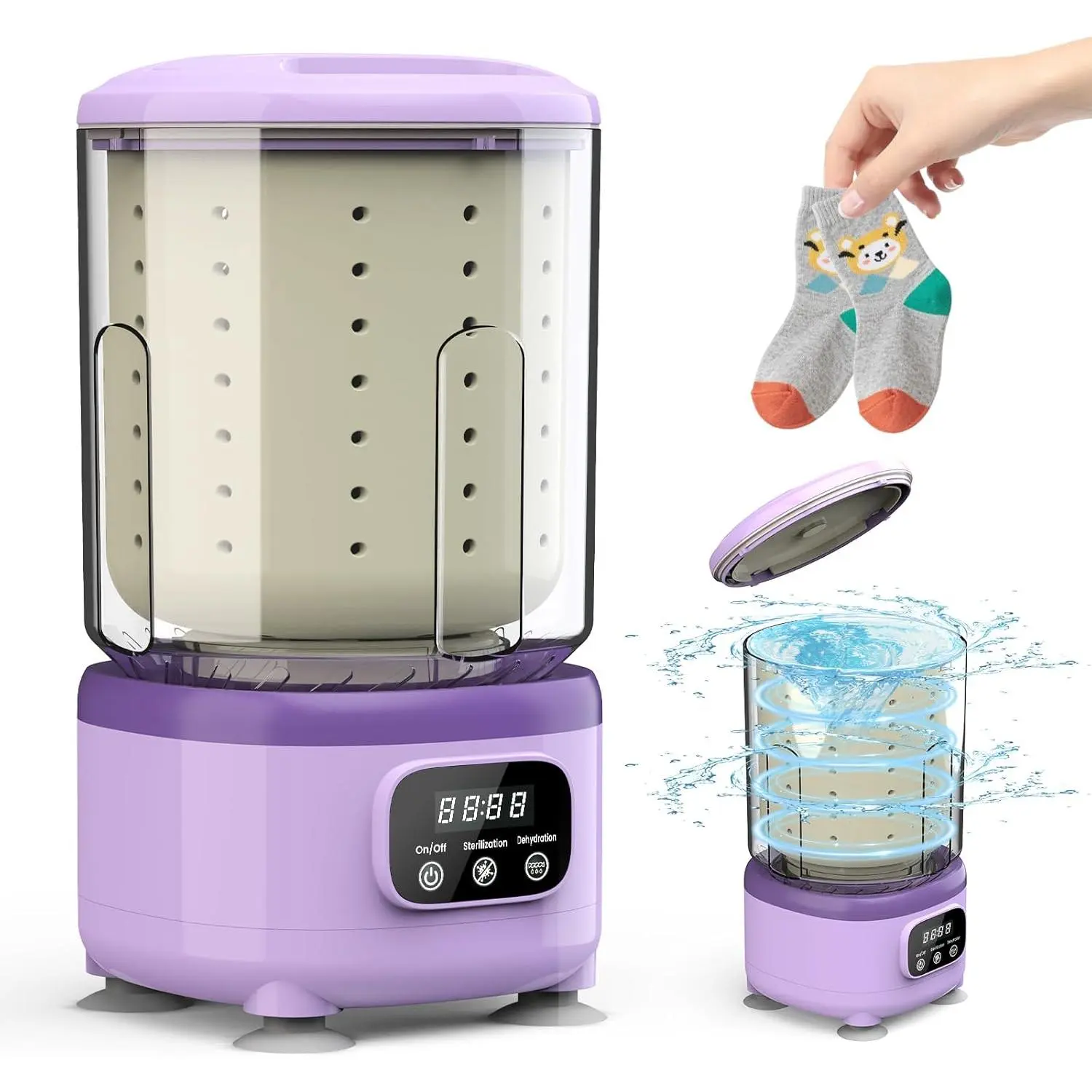 Compact Laundry Washer - Cordless Rechargeable 2L Mini All-in-1 Washing & Spinning Appliance with 3000mAh Battery, Round Cup, Sterilizing Light for Underwear, Bras, Socks, Ideal for Home, RV (Purple)