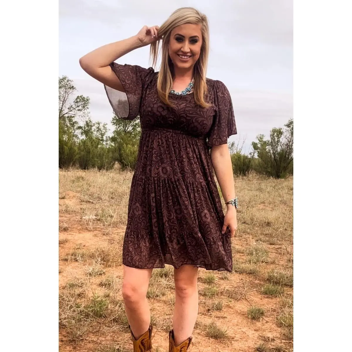 Women's Bronzed Bloom Casual Western Dress - Brown Leather Tooling Print, Women's Clothes Dresses, Western Dresses