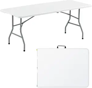 LING RONG 6FT Portable Heavy Duty Plastic Folding Table with Carrying Handle Fold-in-Half Utility for Parties Weddings Dining Indoor Outdoor Picnic White