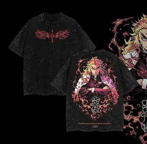 valentine shirts Flame Hashira Kyojuro Rengoku Demon Slayer Kimetsu No Yaiba Anime Double Printed Acid Washed Tee Menswear graphic tee