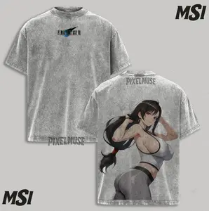 Tifa Lockhart FF7 T-Shirt | Final Fantasy VII Anime Girl Acid Washed Oversized Tee, Retro Gaming Waifu Bootleg Style, Heavyweight Gray Fandom Apparel.