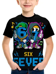 Boy 6th Birthday Hip-Hop Theme T-Shirt, Fun Cartoon Street Dance Pattern, Loose Short Sleeve Round Neck Top