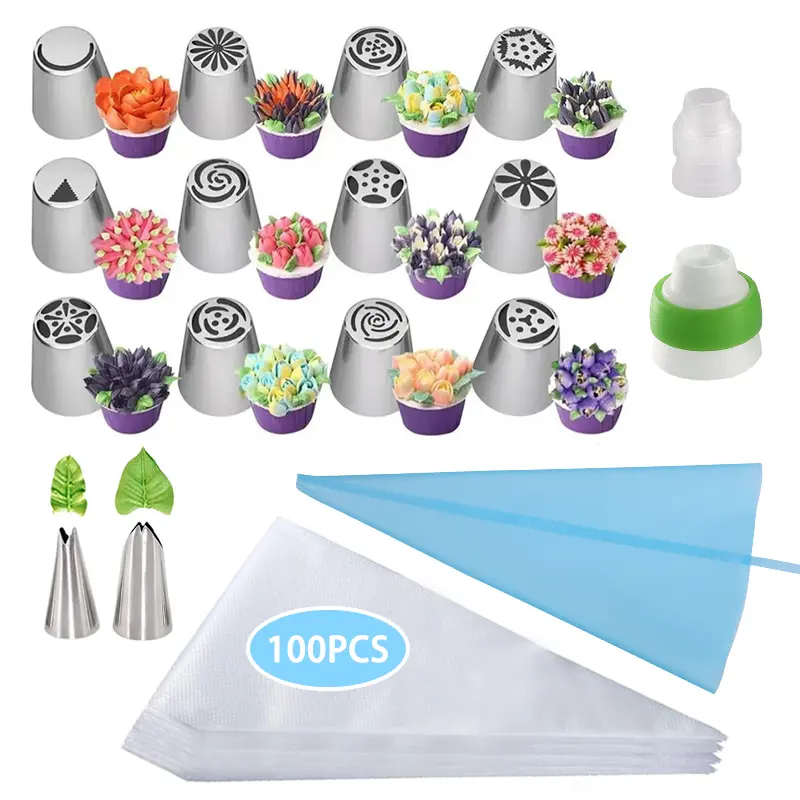 【SummerWins】117 Pcs Russian Piping Tips Set, 12 Flower Frosting Nozzles Icing Tips for Cake Decorating Tips Kit, Baking Supplies for Cookie Cupcake, 2 Leaf Piping Tips 2 Couplers 100 Pastry Baking Bags Bakery Dessert