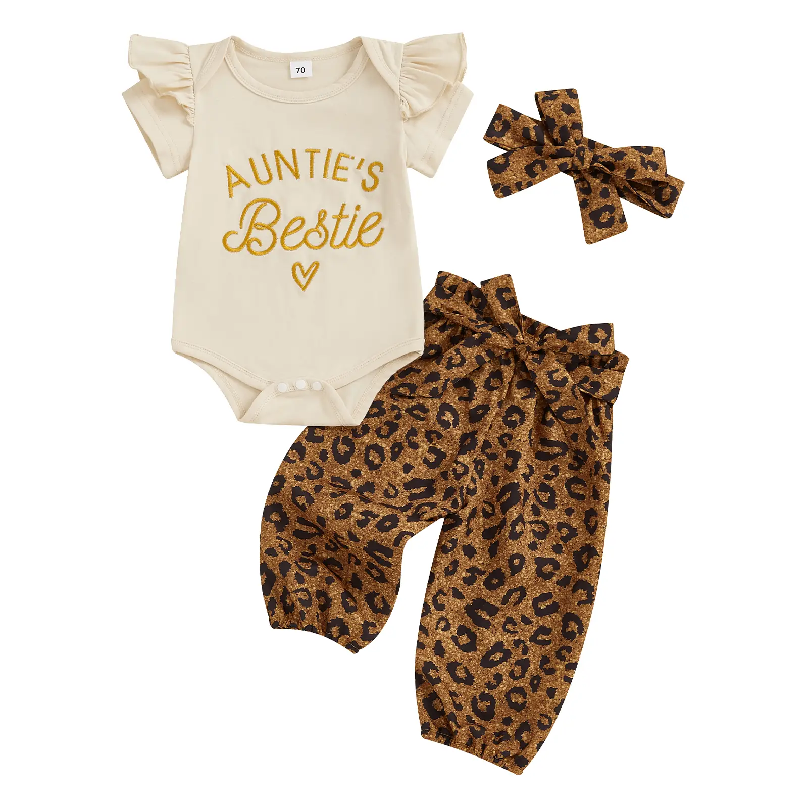 Baby Girls Summer Clothes Infant Auntie's Bestie Onesie Pants Set Short Sleeve Letter Print Romper Leopard Pants Matching Clothing Suit Spring Outfits
