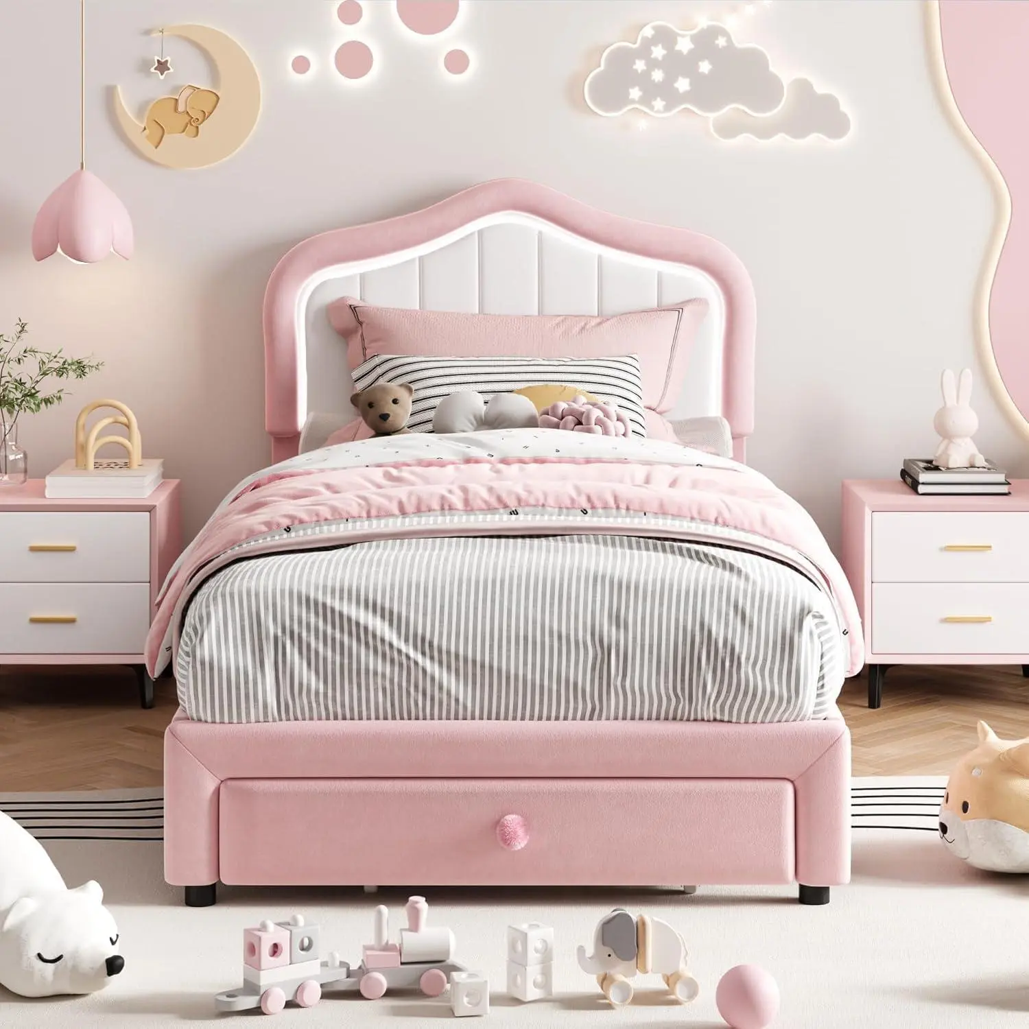 Twin-XL Upholstered Bed Frame with Storage Drawer and Smart LED Headboard Twin Size Platform Bed Frame for Kids  Wooden Slats Support No Box Spring Needed  Easy Assembly