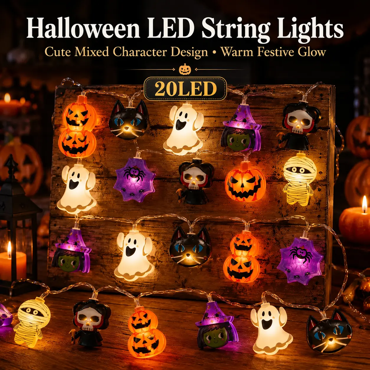 20-LED Halloween Eclectic-Style Pumpkin and Witch String Lights, LED Color Lights, Steady + Flashing Modes, Battery-Powered, Spooky Halloween Decor, Perfect for Bedrooms, Staircases, Homes, Mantels, Windows, Porches, and Day of the Dead Parties