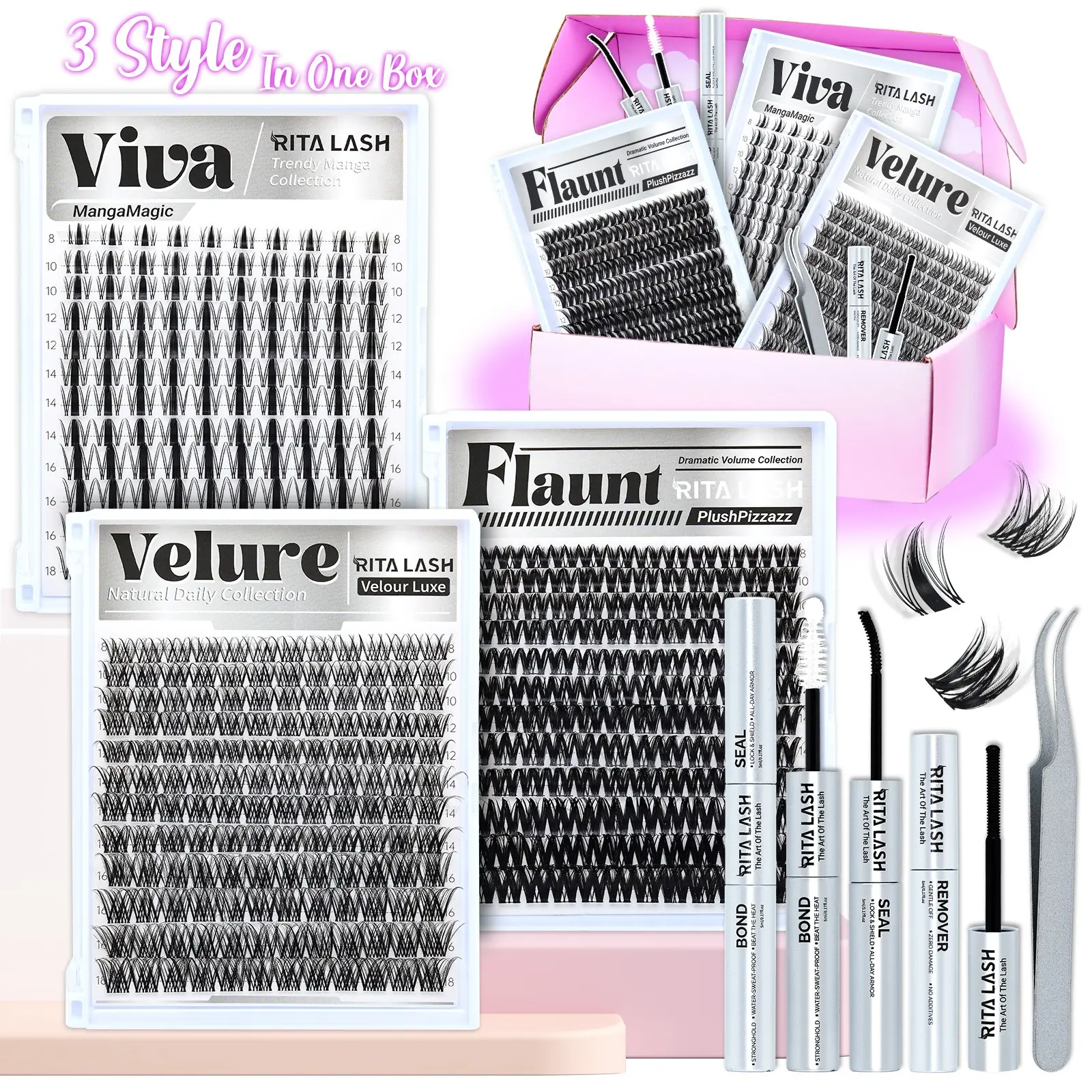 RITALASH 408Pcs Lash Clusters, VIVA/FLAUNT/VELURE 8-18mm DIY Volume Cluster Eyelash Extensions Kit Popular & Must-Have Volumized False Eyelashes Clusters with Lash Bond and Seal, Remover, Lash Tweezers Eyelash Set