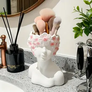 1 luxurious modern creative face storage box with floral embellishments - perfect for makeup brushes, cosmetics and bathroom accessories. Elegant white design, ideal for dressing table display and dressing table accessories Makeup Cosmetic Organizer
