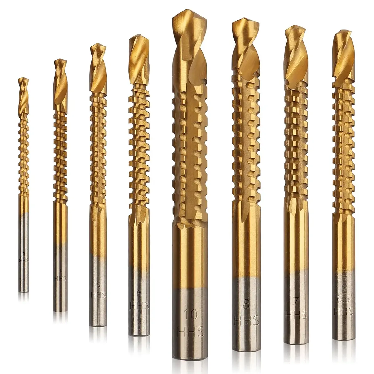 Fathersdaygift 6 or 8 Pack Titanium Coated HSS Twist Drill Bits, 3-10mm Serrated Side Cutting Drill Bit Woodworking Tools for Plastic Metal Wood Hole Fathers Day Gifts
