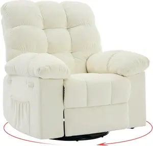 Rocking Recliner Chair,360° Swivel Rocker Chair,Upholstered Fabric Glider Chair with Side Pockets Deep Seat, for Living Room, Bedroom,Beige