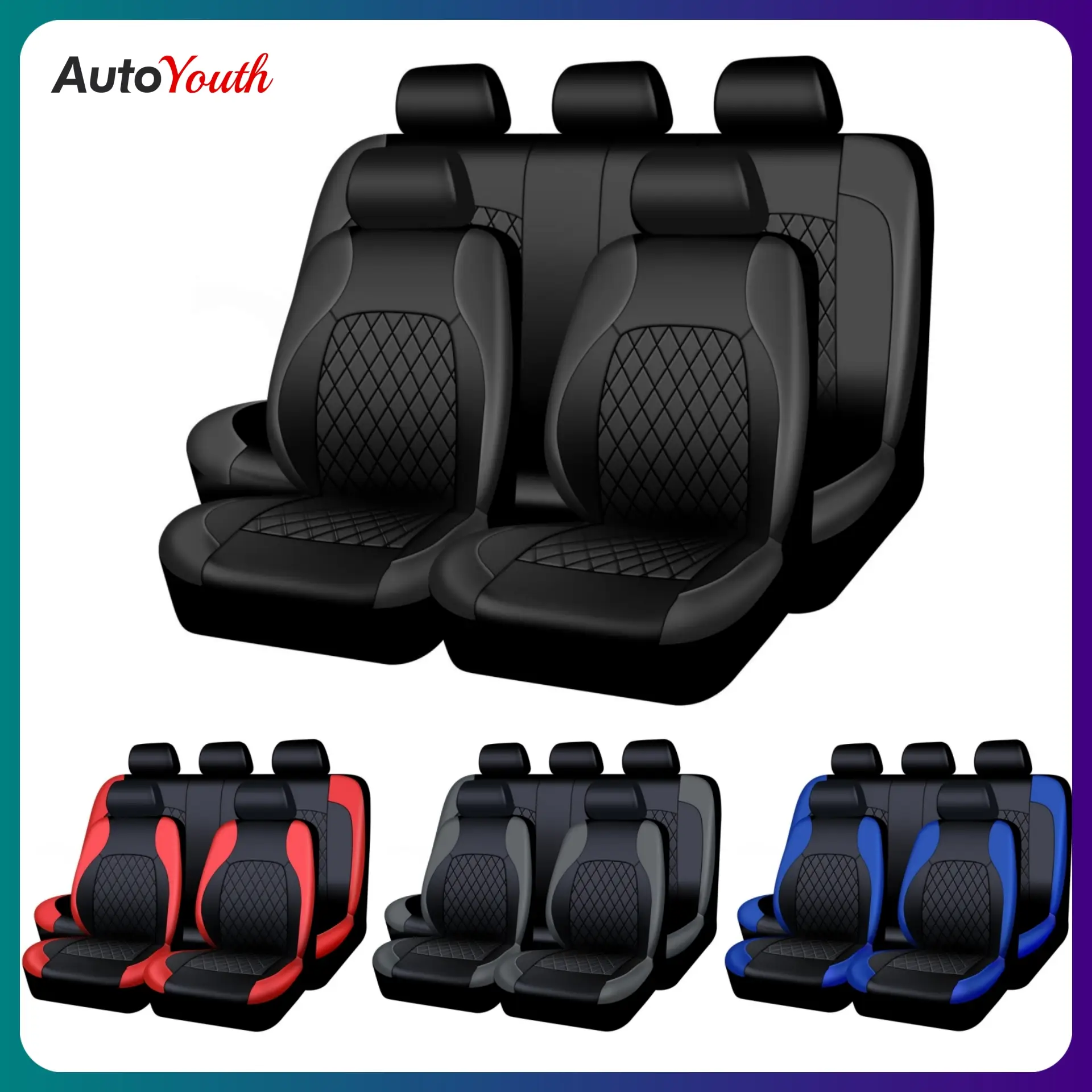 Universal Car Seat Covers Set PU Leather for 2/5 Seats, Full Protection for Car Front & Rear Seats, Waterproof & Anti-Scratch, Fit Most Cars SUVs Vans