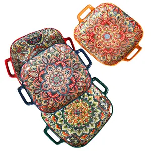 Bohemian Ceramic Serving Platter Set | 2-Piece Mandala Print Platters with Handles | Oven Safe for Baking & Serving