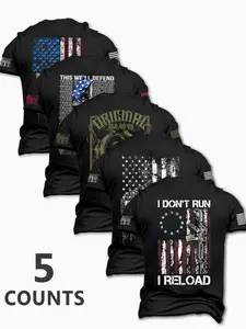 Men's Fashion Stylish Round Neck Casual Short Sleeve T-Shirt, Summer Comfortable Flag Print Outdoor Tee, 5 Pack Set, Perfect for Boyfriend Daily Wear