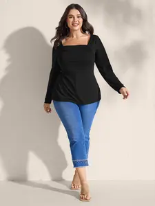 BLOOMCHIC Plus Size Longsleeve T-Shirt - Black Square Neck High Stretch Supersoft Pleated Bodice Bodycon Cut Basic Polyester Lady's Casual Minimalist Top [M-6X] 2026 Summer Pick 2026 Summer Vibes