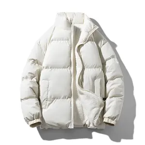 Winter Casual Thick Jacket - White Puffer Coat with Fleece Lining & Zipper Closure for Men