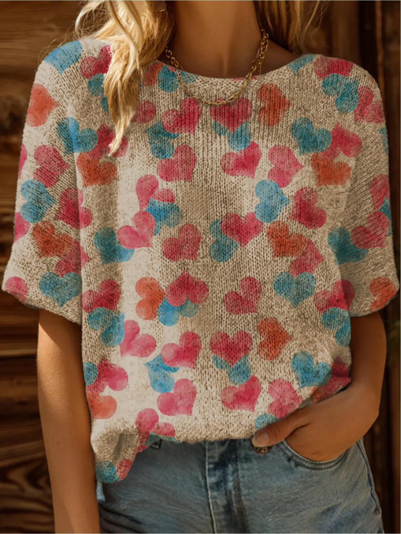 Spring and summer, a collar with shoulder sleeves knitted top, color matching love print short sleeve women's Valentine's Day knitted top, holiday style, casual and elegant commuting, women knitted top, Bohemian holiday seaside knitted top