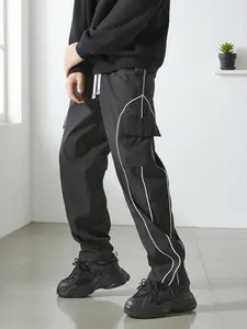 Trendy Brand Men's Work Pants High Street Functional Style Multi-Pocket Casual Trousers Black Fashion Long Pants with Reflective Stripes Loose Fit Slimming Style