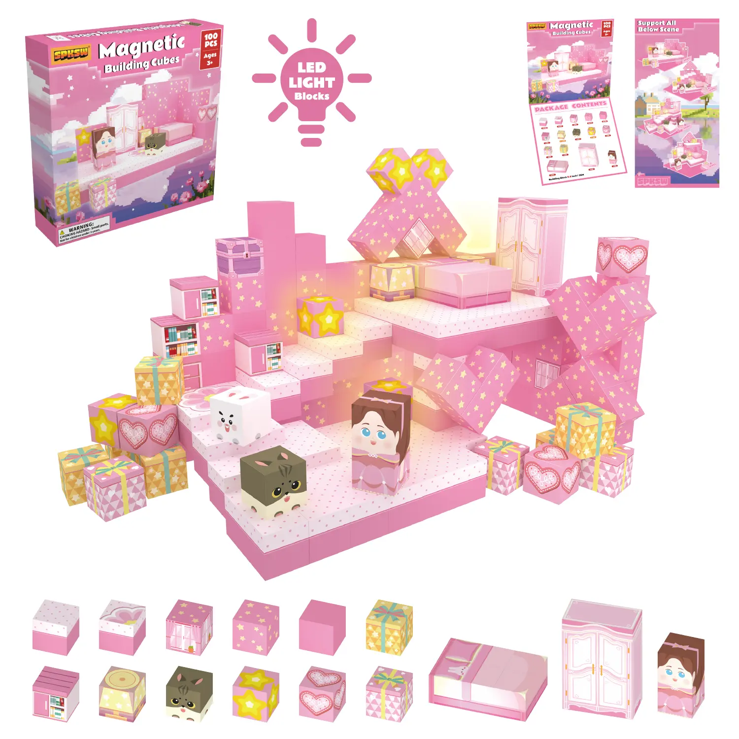 Pink  Magnetic Building Blocks Set 0.8inch 100-Piece House/castle Kit with Blocks High-Quality Girls' Toy for Creative Play Ideal Princess Gift for Kids Aged 3 4 5 6 7 8 9 10 11 year olds，construction kit , Construction Stacking Blocks, Diy Playset
