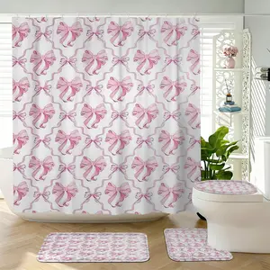 Fresh Bow Ribbon Theme Shower Curtain Set, Includes Plastic Hooks, Non-Slip Mat, U-Shaped Toilet Pad, Bathroom Home Decor Accessories