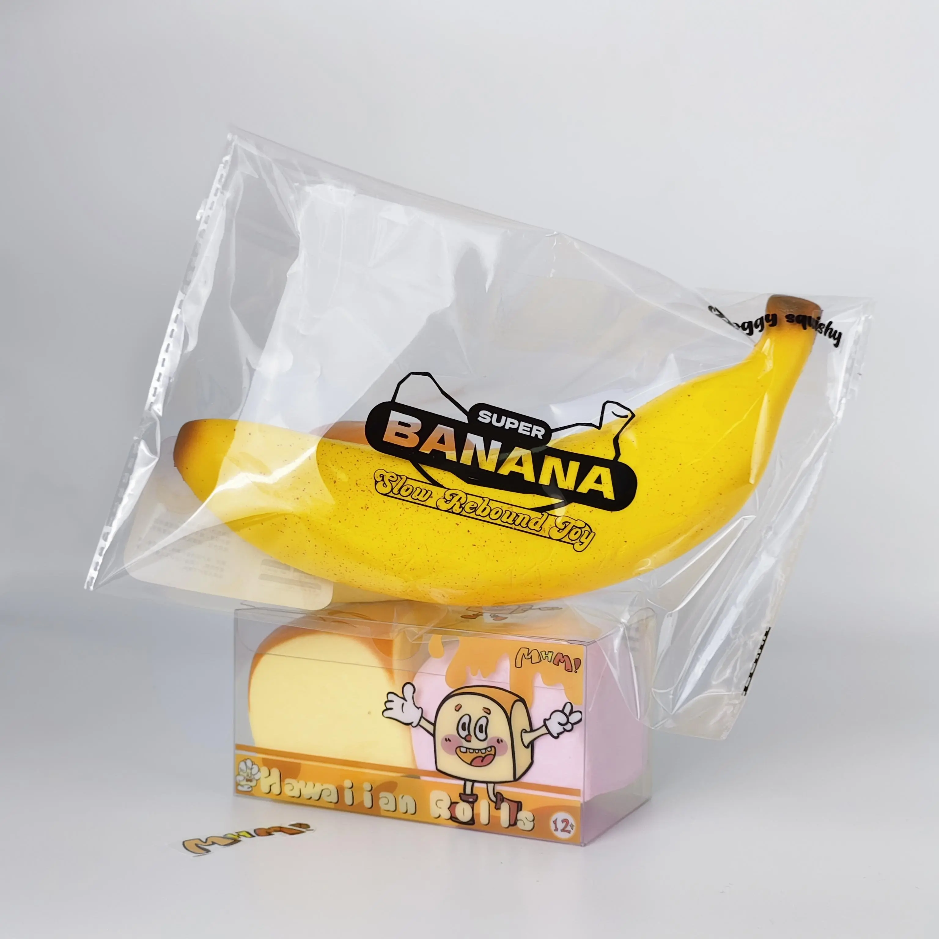 MHM Hawaiian Roll & Big Banana Squishy Gift Set, Slow Rising Food-Themed Sensory Fidget Toy, Soft Foam Kawaii Gift