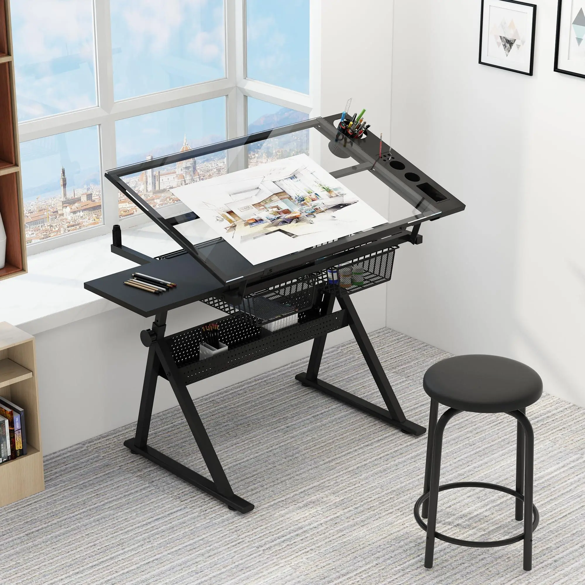 CuisinSmart Adjustable Drafting Table with Stool (Black) - 31.5"-49.5" Height, 24-in Slide-Up Pencil Ledge, Durable Tilting Glass Top, 2 Storage Drawers, Tiltable Surface for Artists' Home Office