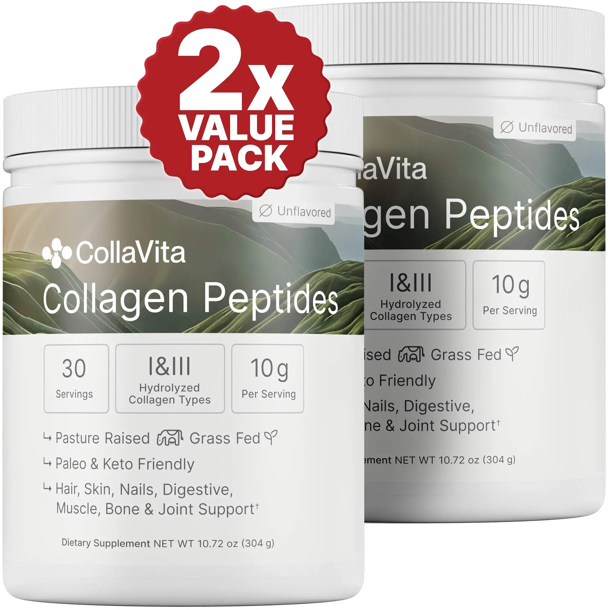CollaVita Collagen Peptides Dietary Supplement - 2-Pack (30 Servings Each) - Fitness, Skin Care Support for Hair, Nails, Beauty Needs | Collagen Supplements, Beauty Products, Powder