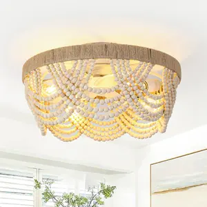 PARROT UNCLE 20 Inch White Farmhouse Wooden Beads Flush Mount Ceiling Fan with APP Remote Control & Lighting for Small Spaces