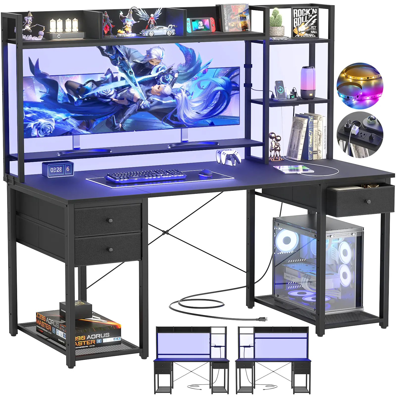 Aheaplus Desk with LED and Outlets, Gaming Desk with Hutch,  Computer Desk with Drawers, Reversible office desk with storage bookshelf Large Workstation Desk with Shelf, Desk for Home