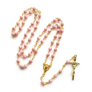 6mm Rose Beads Rosary Necklace with Jesus Crucifix for Cross Pendant Necklaces Catholic Prayer Gifts Men Women Jewelry