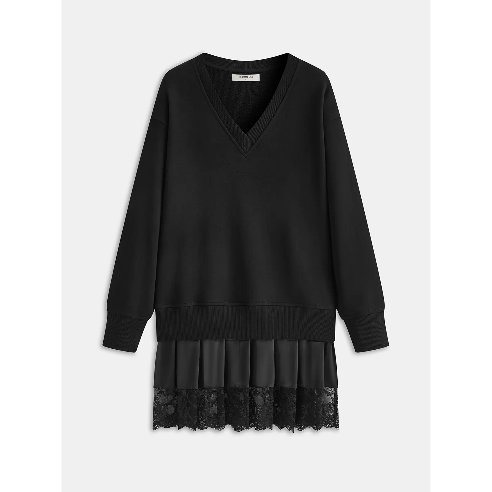 Pleated Hem Lace-Trimmed Sweatshirt Dress