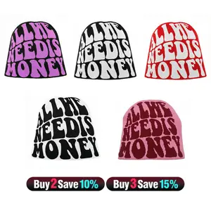 All We Need Is Money Y2K Knitted Beanie Hat Vintage Letter Jacquard Soft Unisex Cap for Men & Women Machine Washable Spring Summer Accessory Streetwear Casual Outfits summervibes