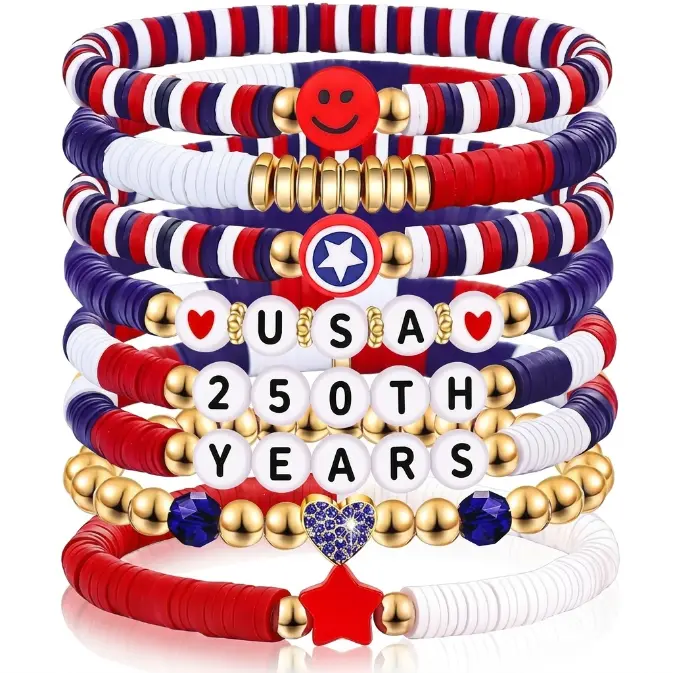 Red White and Blue Clay Beaded Bracelet for Women, 250th Anniversary Patriotic USA Stackable Elastic Jewelry for 4th of July, Memorial Day, Elastic Bracelets, Multicolor Stackable Bracelets