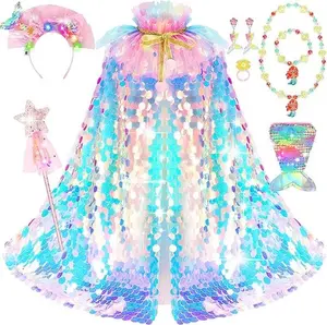 9 Pcs Mermaid Toy Princess Dress Up Cape Rainbow Mermaid Cape Gift Set Suitable for 3-8 Years Old Girls Halloween Christmas Black Friday Gift