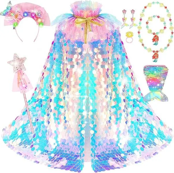 Girls Mermaid Costume, 9-Piece Princess Dress-Up Gift Set with Rainbow Cape & Cosplay Accessories, Halloween Toy for Ages 3-8, Costume Accessories, Halloween Costume