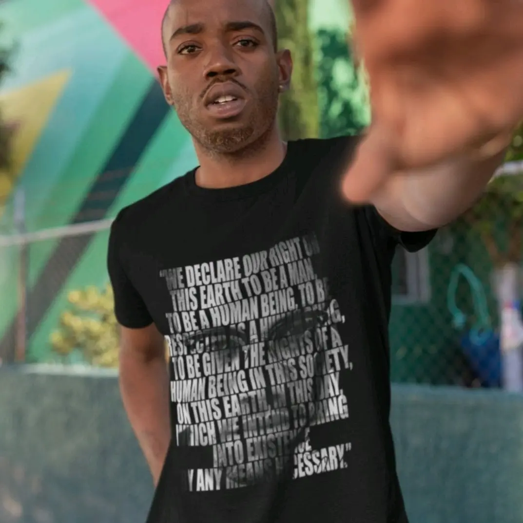 Men's Malcolm X 'By Any Means' Graphic T-Shirt - 100% Preshrunk Cotton, Short-Sleeve Crew Neck, Classic Streetwear, True To Size Menswear Casual Top for Sneaker Pairing