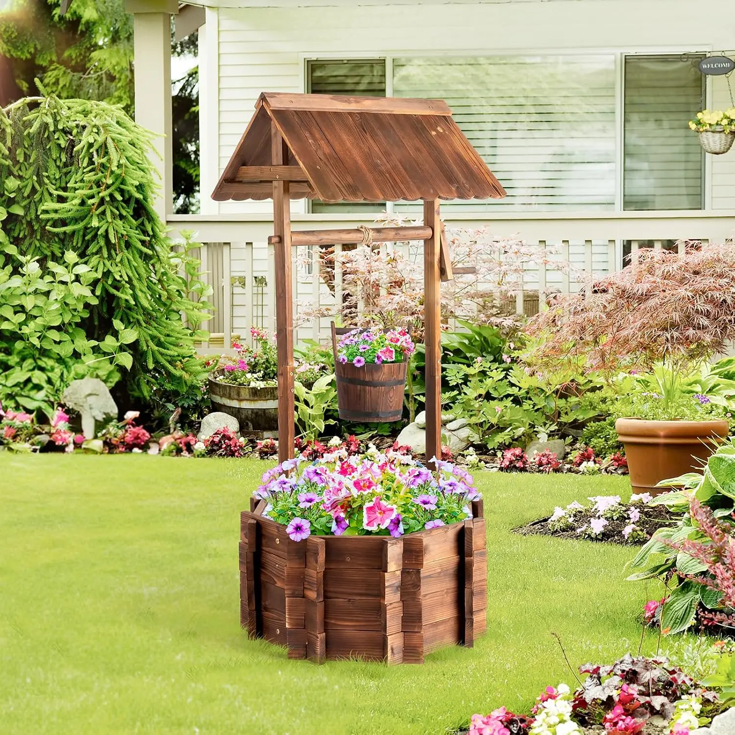 VINGLI Wooden Wishing Well Outdoor Planters, Well Covers for Yard with 2/4 Reinforced Rods, Height Adjustable Hanging Bucket, Rustic Flower Pot Home Decor for Outside Patio Garden