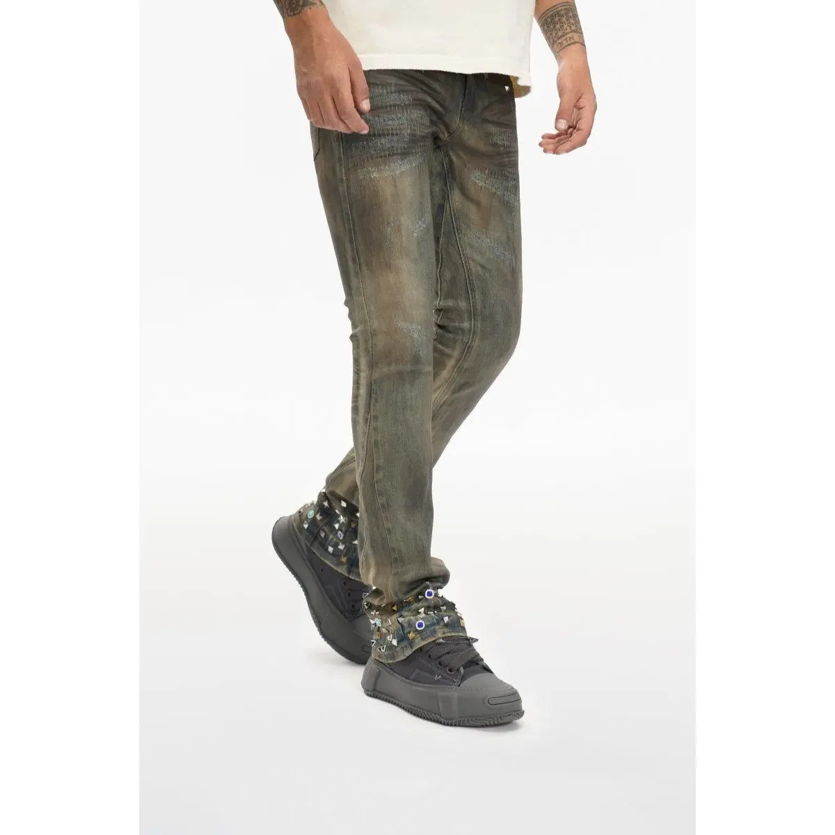 Men's Stacked Jeans in Light Dirt Vintage Wash, Slim Taper Fit Waxed Denim with Extended Ankle for Streetwear, Lt.dt.vin. Wash Wax, Sneakers, Pants, Menswear, Extended Stack, Hem, Vintage Fade, Slim-Fitting, Stacked Ankle Detailing