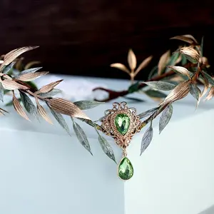 1 Piece Handmade Fairy Flower Headband-Elf Crown Woodland Tiara Forest Leaf Circlet Elf Garland for Women Renaissance Christmas Wedding Cosplay Photo Props Green Gold