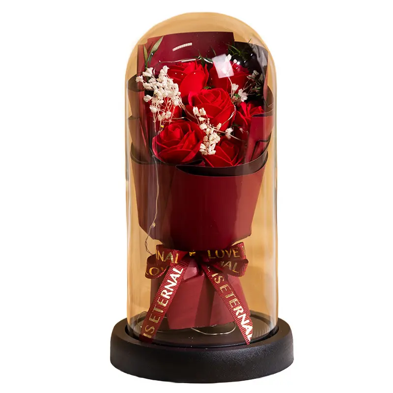 Decorative Preserved Eternal LED Glow Rose in Acrylic Dome - Fairy Forever Bouquet with Ambient Lighting, Mother's Day/Father's Day/Juneteenth Gift, Tall Vase-Compatible Home Decor for Bedroom Office, 4Th Of July