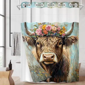 1PC Double Layer No Hooks Decorative Shower Curtain, Highland Cow with Flower Crown Oil Painting Print, Rustic Farmhouse Bathroom Decor, Detachable Buckle Liner for Home Hotel, 71×74 Inch