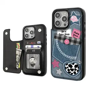 Denim Cow print Pattern Phone Cases Compatible For With iphone 17 16 15 14 13 12 PRO PLUS MAX AIR PU Black Brown Pink Durable Flip High quality Leather Credit Card Bag Holder Mother Gift Wallet Shockproof Anti-Drop Full Protection Shell Cover