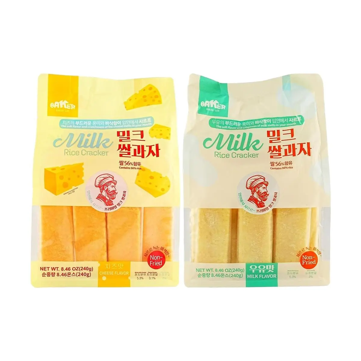 BAKER LEE Milk Rice Crackers, Original & Cheese Flavors, 240g x 2 Packs, Healthy Non-Fried Snack, 480g Combo