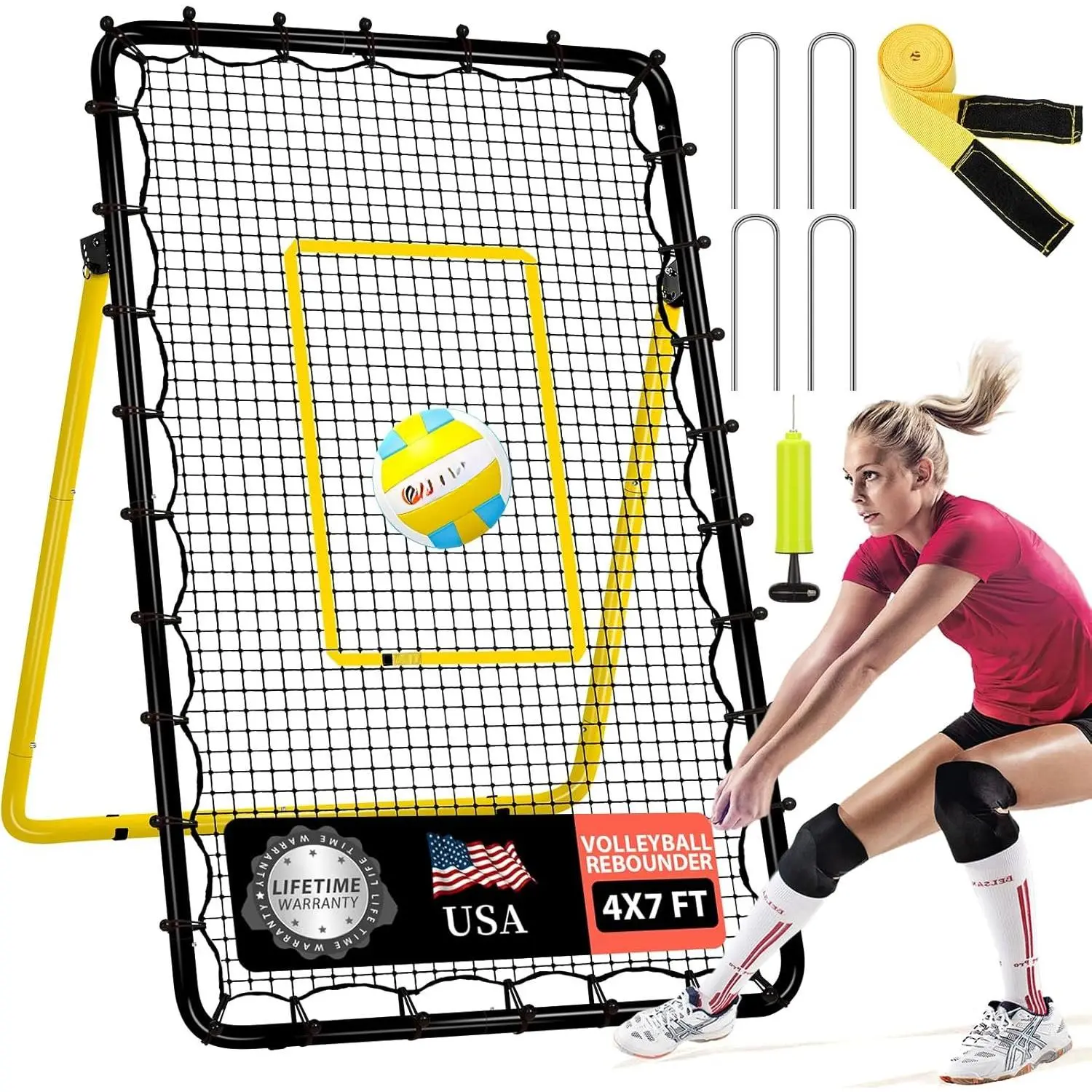 HahZen SPORT 6-Angle Adjustable Frame Volleyball Rebounder Net (7x4ft) with Multi-Angle Setup, High-Tension HDPE Net, High-Bounce Practice Equipment, UV-Resistant Zone, PU Ball, Pump & Stakes for Volleyball Practice, High-Tension Net